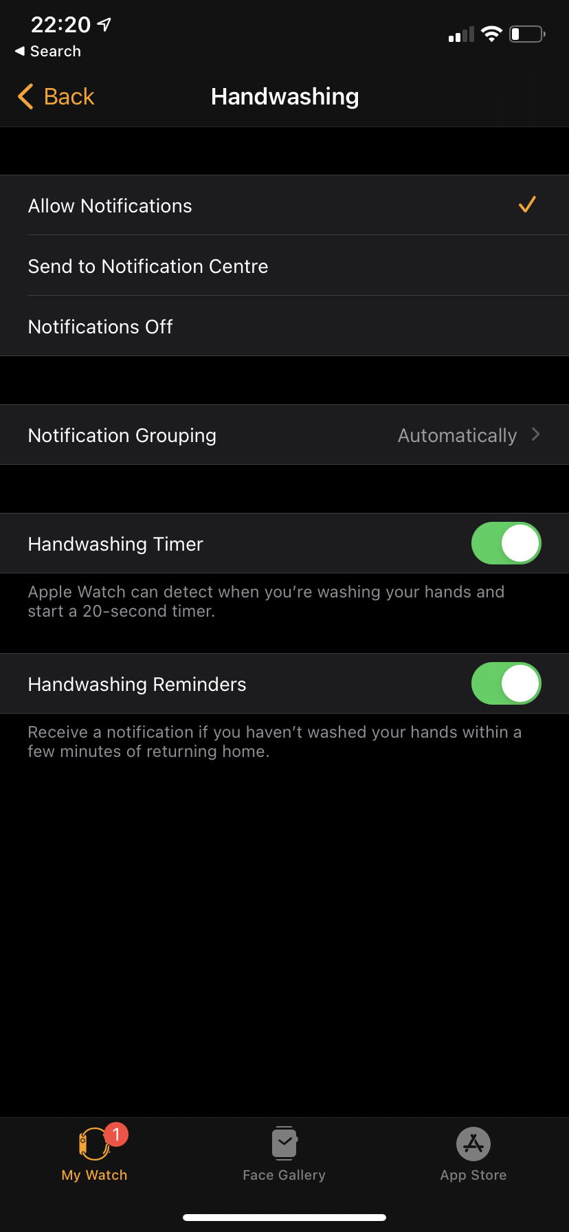 Screenshot of the Handwashing settings