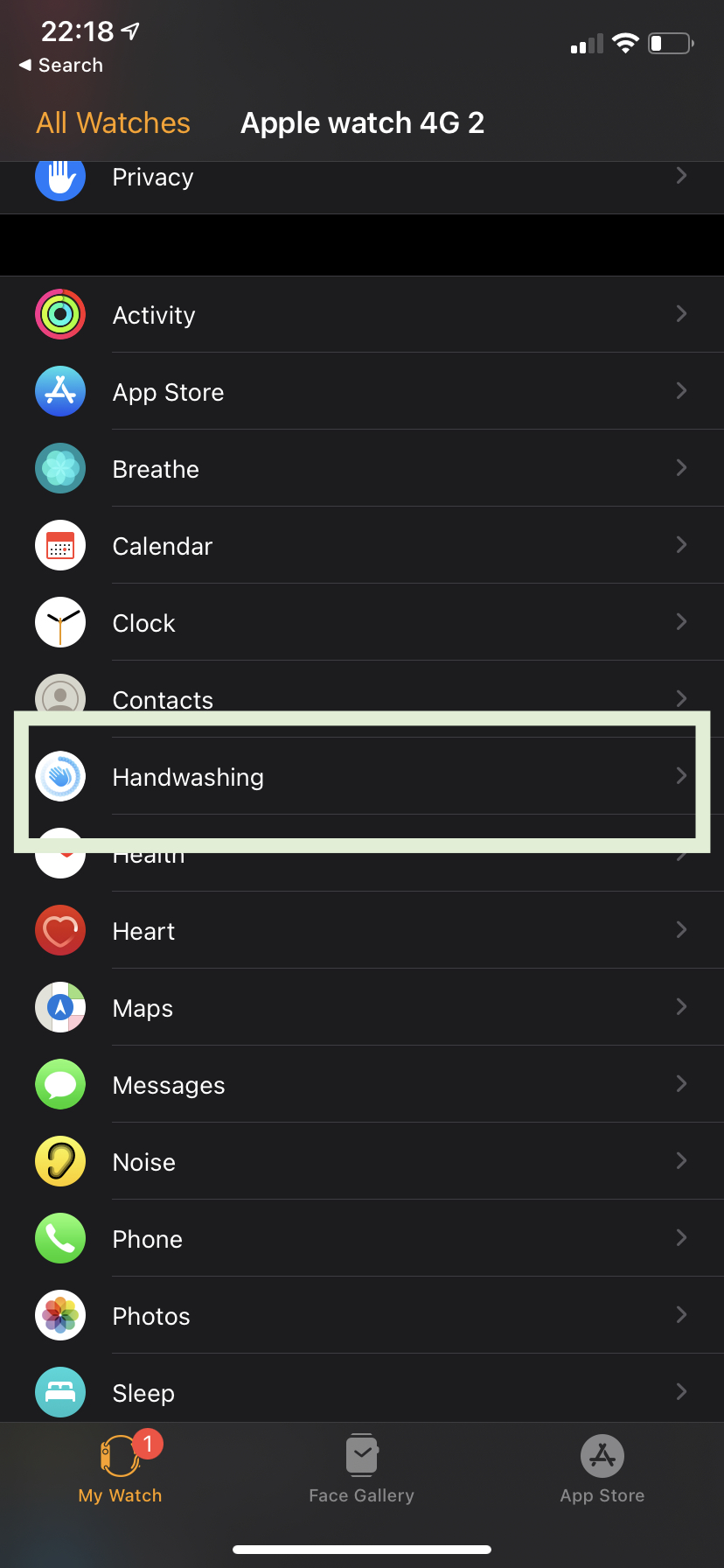 Screenshot of the Watch app, with Handwashing highlighted